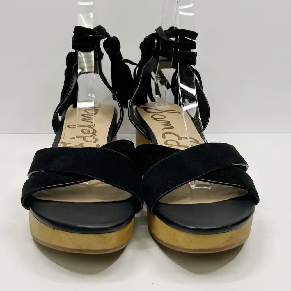 SAM EDELMAN Jenna Ankle Wrap Wooden‎ Clog Sandals Retro Lace Up Black Sz 7